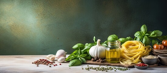 Healthy Italian food Tagliatelle pasta with green pesto sauce Selective focus copy space