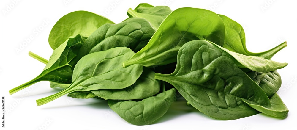 Poster isolated spinach leaves on white with space to copy