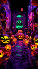 Obraz premium Halloween skull in cool neon light still life background with copy space
