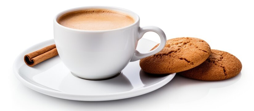 Isolated espresso cup with cinnamon cookie on white