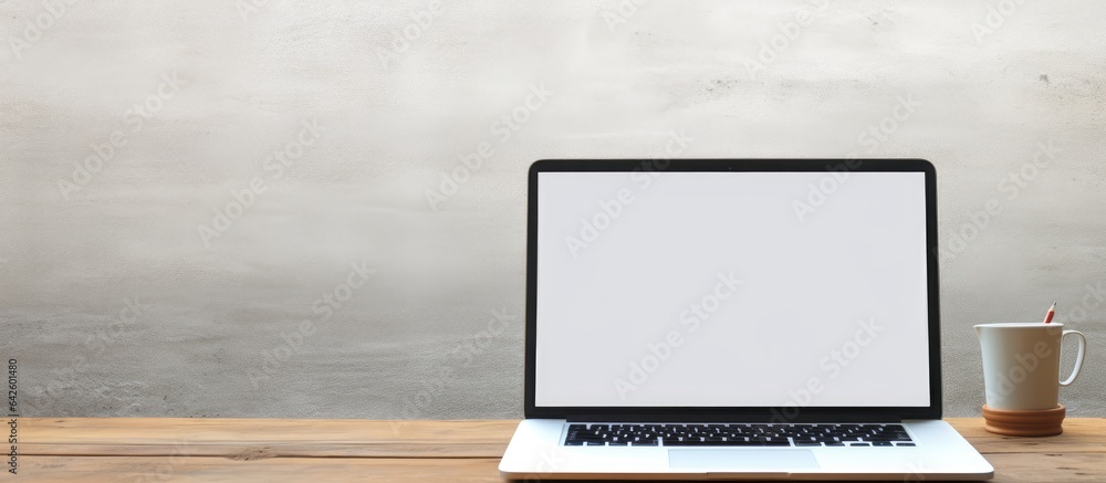 Poster laptop placed on wooden table with white desktop screen and concrete wall background in mockup image