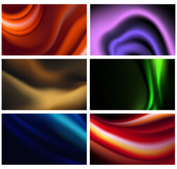 Collection of bright multicolored wavy wallpapers for website pages. Futuristic fluid neon backgrounds with gradient defocused dynamic curves. Layout of widescreen abstract banners with copy space