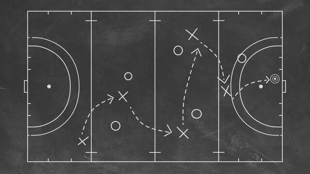 Handball Strategy and tactics plan in Game to Achieve Goal with players symbol and line arrow. Drawing Scheme Animation on blackboard 