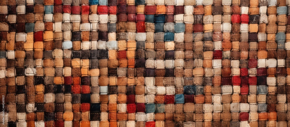 Aufkleber mockup of a hand woven rug made from recycled material with a rustic texture and space for text