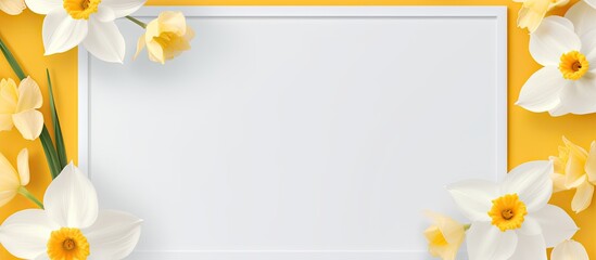 Mockup of a spring flower background with daffodil flowers and a white paper card note frame Flat lay © vxnaghiyev