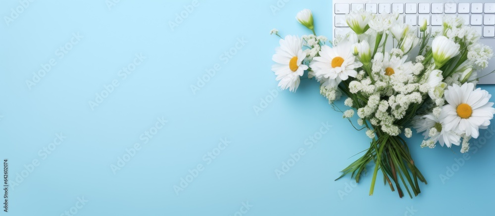 Poster Notebook flowers and computer keyboard on blue background with room for text
