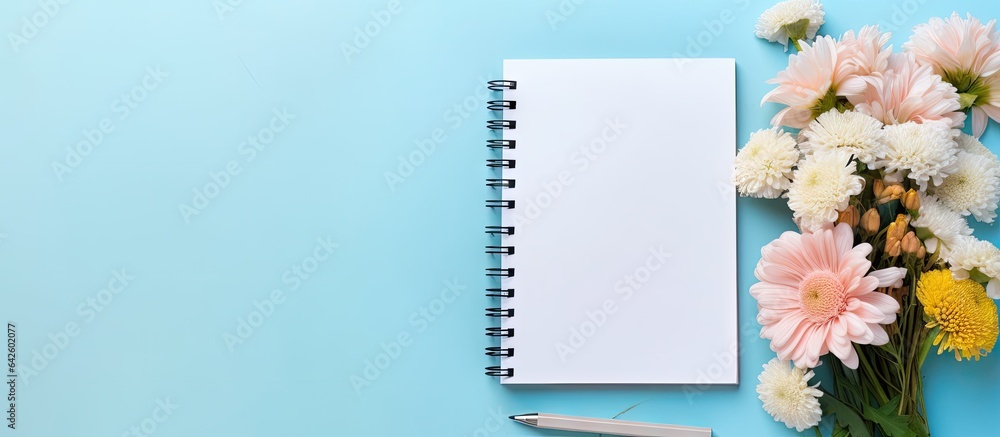 Fototapete notebook flowers and computer keyboard on blue background with room for text