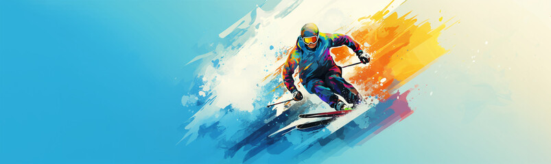 Fototapeta na wymiar Ski wintersport action illustration, active person on snow banner