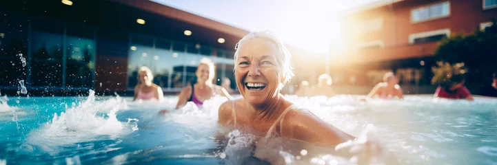 Fotobehang Elderly woman happy smiling in fit swimming pool class © fabioderby
