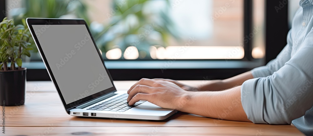 Poster person using laptop with empty screen mockup at home for work