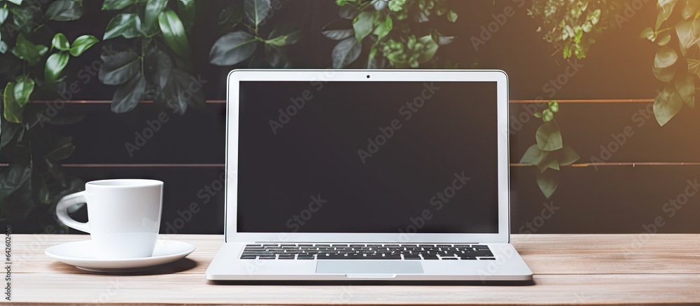 Poster person using laptop with empty screen mockup at home for work