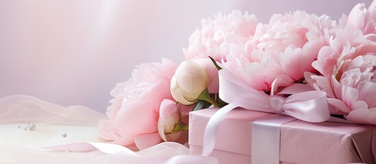 Peony filled present wrapped in tulle and ribbons