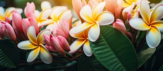 Plumeria flowers in colorful gradient shades bloom close up with green leaf backdrop