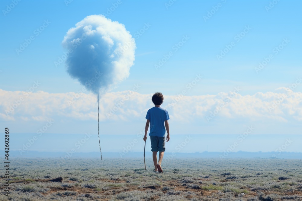 Poster a person standing in a field with a cloud in the sky. generative ai image.