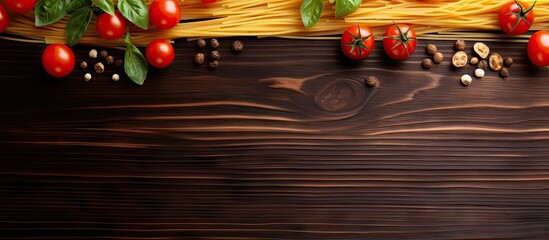 Raw pasta and tomatoes on wooden surface
