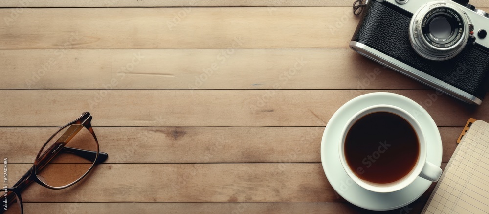 Poster retro camera coffee cup notepad and glasses arranged on a wooden table from a top viewpoint