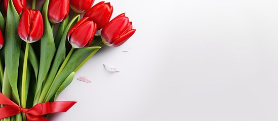 Red tulips bouquet on white background Spring flowers for Valentine s Woman s and Mother s Day Top view copy space