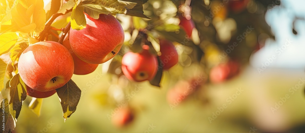 Poster selective focus background of apple tree branch with apples in a fruit garden during summer or autum