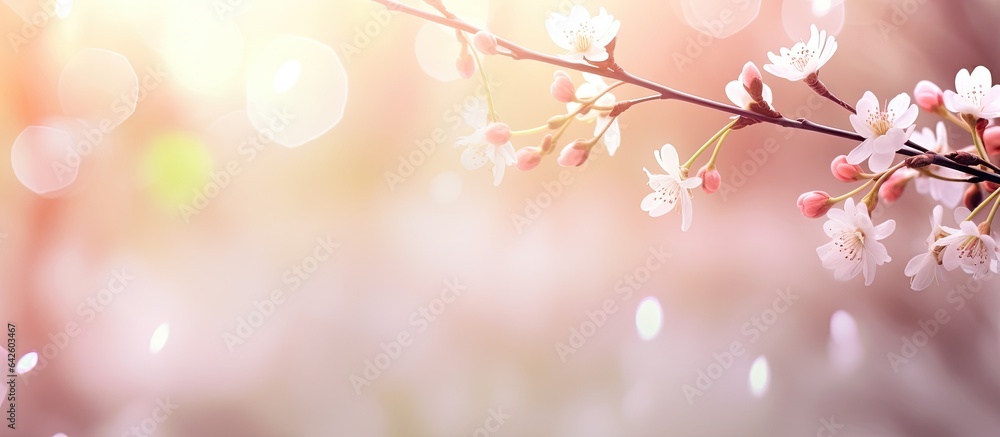 Aufkleber Selective focus on a pastel and soft card with a toned light background displaying a spring snowbell blossoming with shallow depth of field and heart shaped bokeh