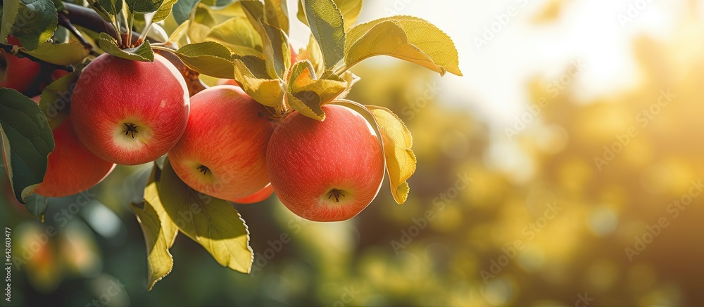 Aufkleber Selective focus background of apple tree branch with apples in a fruit garden during summer or autumn harvest