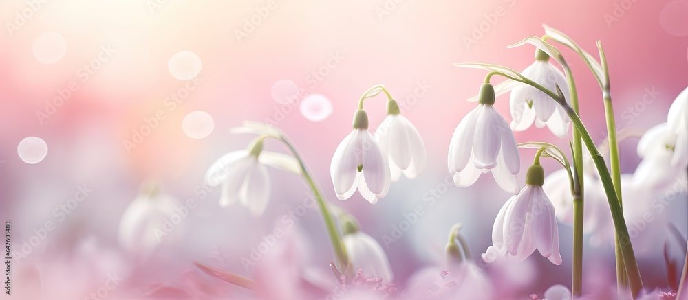 Poster Selective focus on a pastel and soft card with a toned light background displaying a spring snowbell blossoming with shallow depth of field and heart shaped bokeh