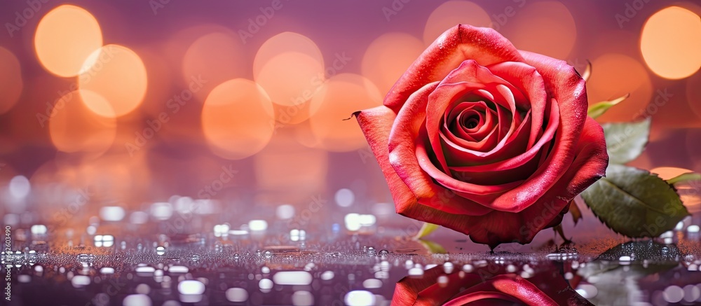 Poster selective focus on a shiny background with a rose symbolizing valentine s day