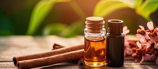 Selective focus on a small bottle of nature s cinnamon essential oil
