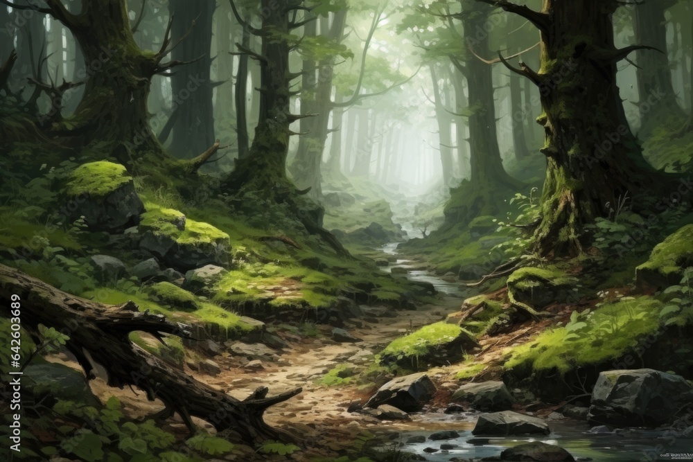 Poster a painting of a forest with a stream running through it. generative ai image.
