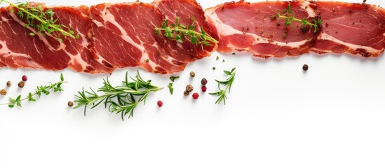 Slices of traditional dried cured pork with fresh herbs on white background top view with space for text