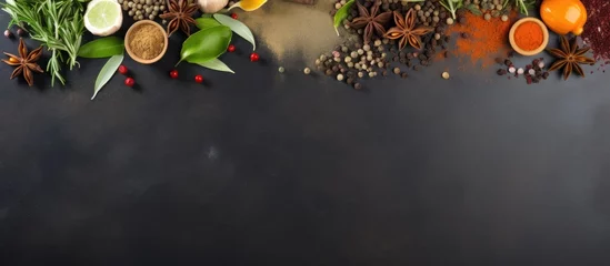 Zelfklevend Fotobehang Spices and herbs on stone table with room for text © vxnaghiyev