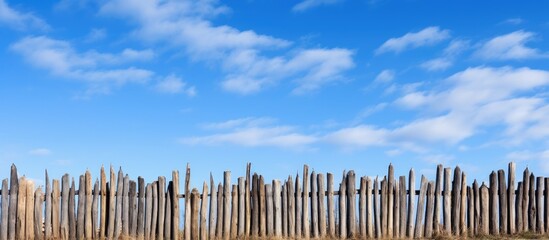 Stockade fence against the blue sky Pointed logs old wood texture