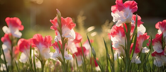 Sunlit gladiolus hybrids with fuchsia and white bicolor petals grow naturally in a field accompanied by leaves and ample copy space