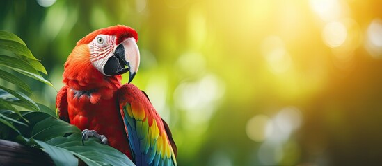 Sunny blurred backdrop with Scarlet Macaw on liane surrounded by tropical leaves ideal for text
