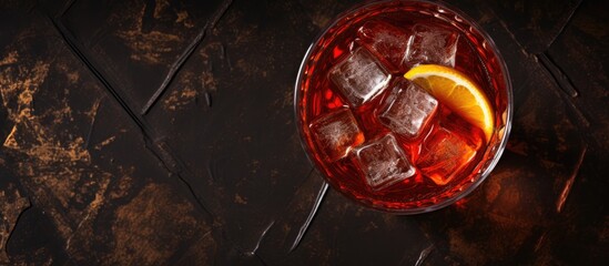 Top view of a red vermouth Americano cocktail with alcohol bitter soda water and ice cubes in a glass