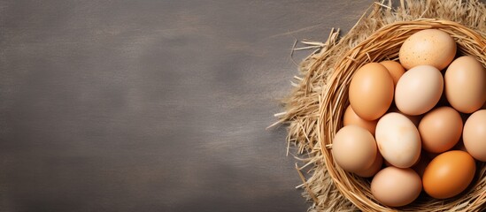 Top view of a wooden bowl filled with eggs placed on straw against a grey background with copy space