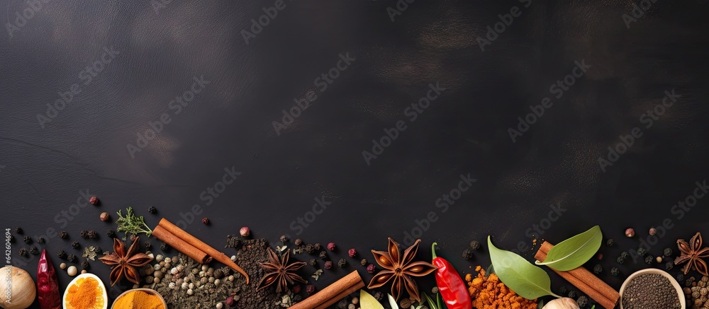 Poster top view of spices and herbs on black stone background with room for text