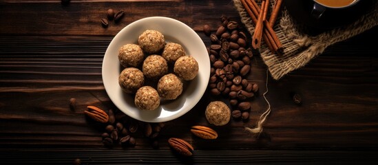 Fototapeta na wymiar Top view of nut ball dessert served on dark wooden table with coffee