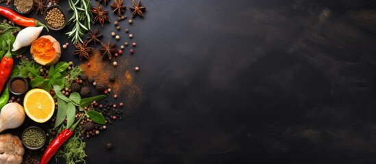 Top view of spices and herbs on black stone background with room for text