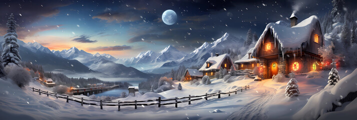 illustration of a magical winter landscape with a cosy hut at night with beautiful light