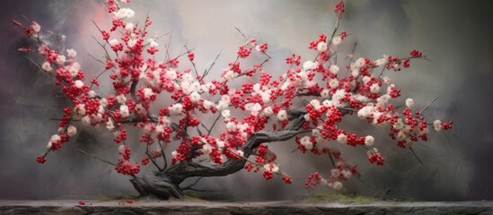 Tree of Prunus persica with red and white blooms