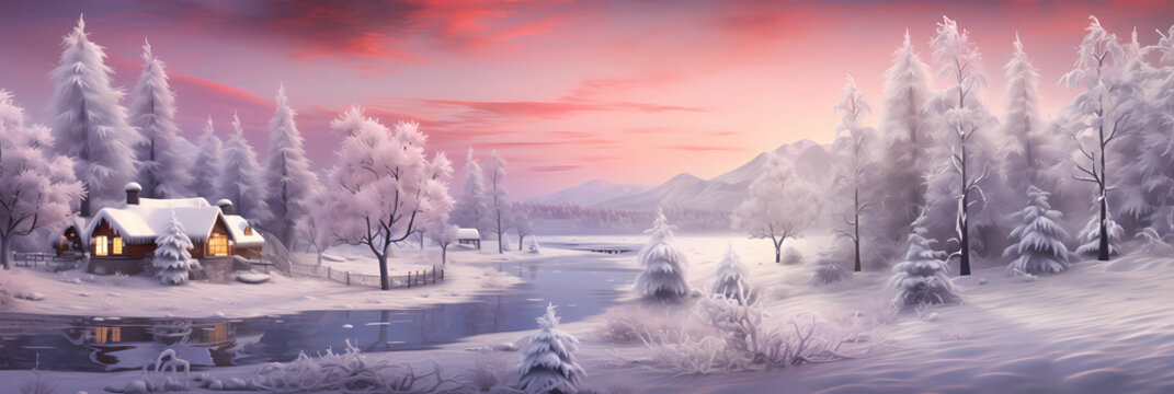 illustration of a magical winter landscape with a cosy wooden hut and a calm river and beautiful light