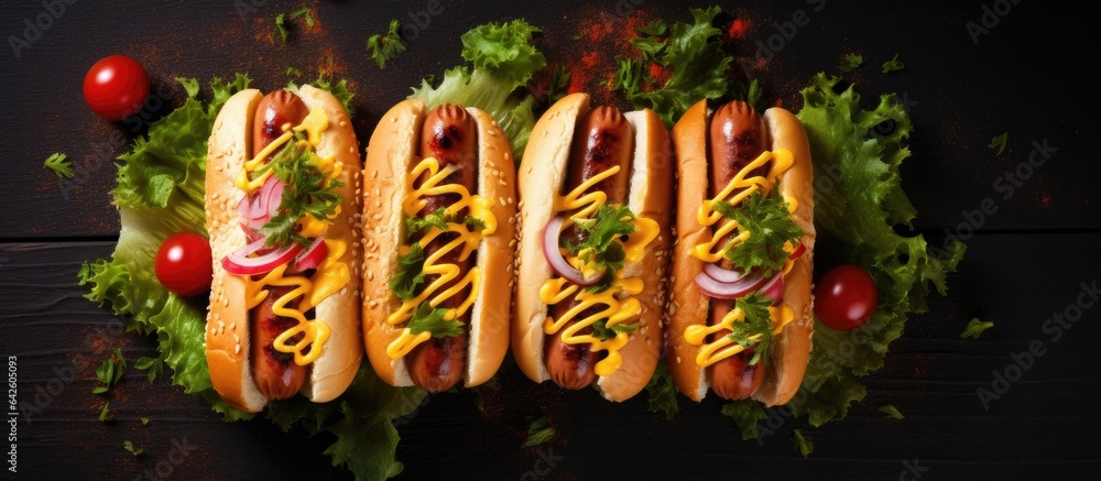 Poster various fillings on hot dogs dark background food background with space for text overhead view hot d