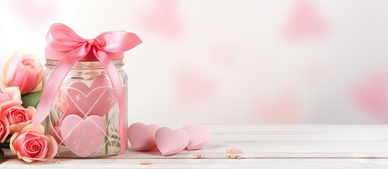 Valentine s Day concept with hearts and roses on white wooden background