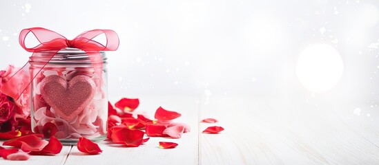 Valentine s Day concept with hearts and roses on white wooden background