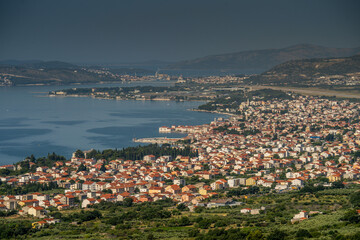 Croatia. Dalmatia. View from the mountains near Kastel Kambelovac to the coast and the sea near the airport in Split.