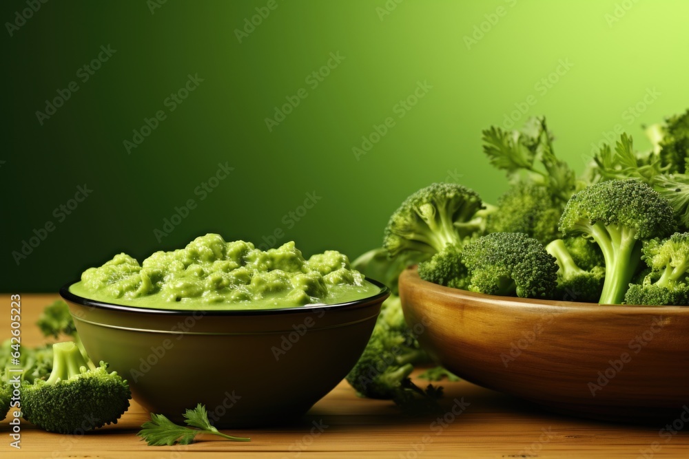 Poster a bowl of broccoli next to a bowl of mashed broccoli. generative ai image.