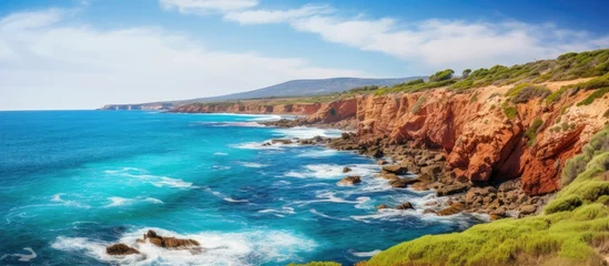 Poster Vibrant coast in Yallingup Western Australia featuring colorful rocks bushes and ocean © vxnaghiyev