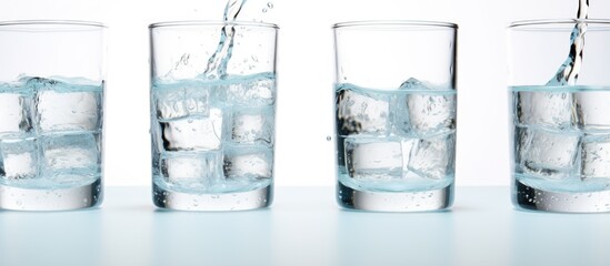 Water glasses next to ice cubes with water writing on white background