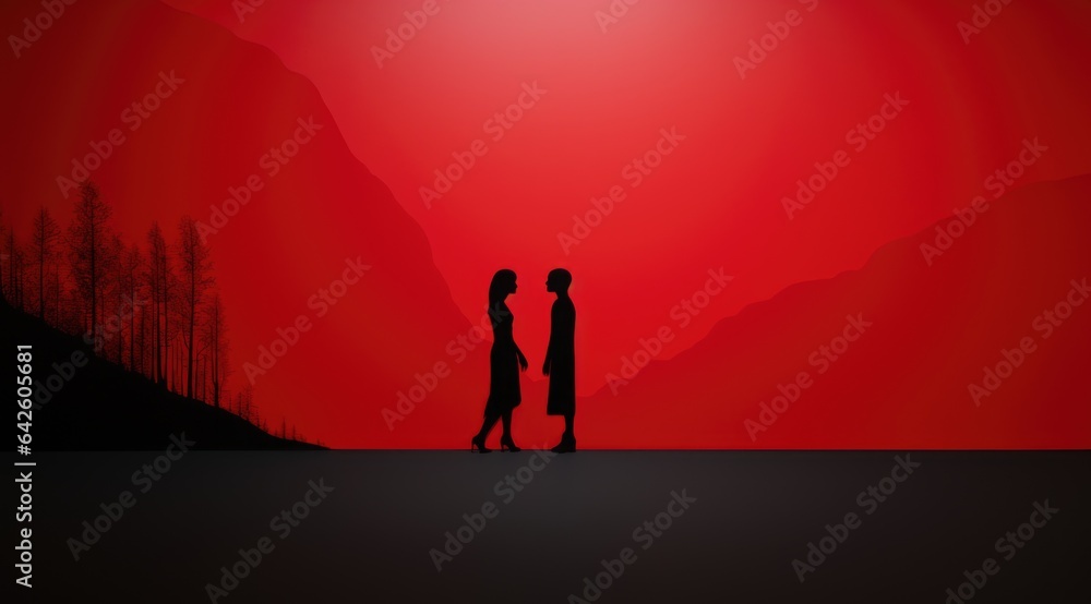 Poster two people are standing in front of a red sky. generative ai image.