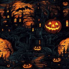 Fototapeta premium seamless spooky halloween texture with pumpkin lanterns, repeatable pattern